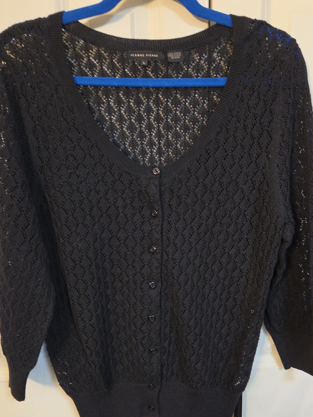 JEANNE PIERRE Black Openwork V‑Neck Button Cardigan